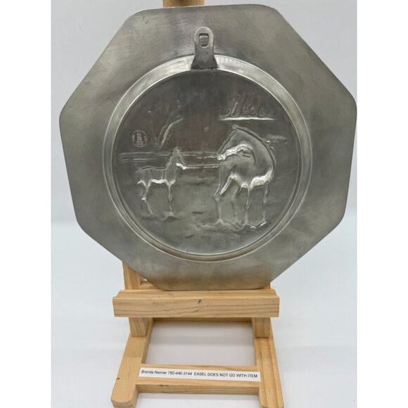 Vintage Pewter Plate Wall Hanging Embossed Mare and Foal KISKIN Belgium Octagon - Picture 8 of 10